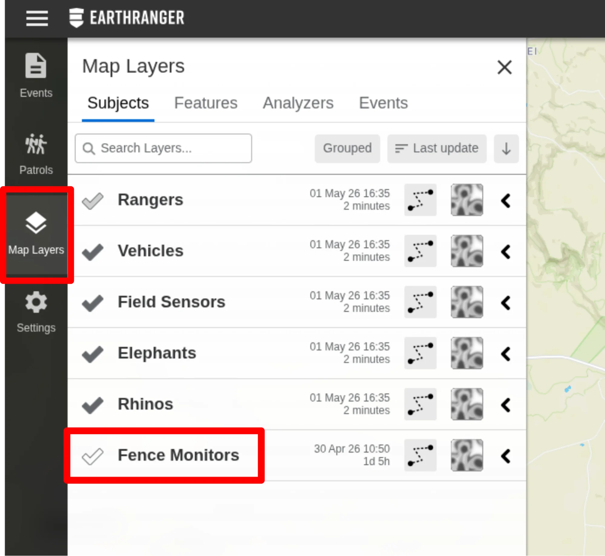EarthRanger Map Layers showing Fence Monitors visibility toggle